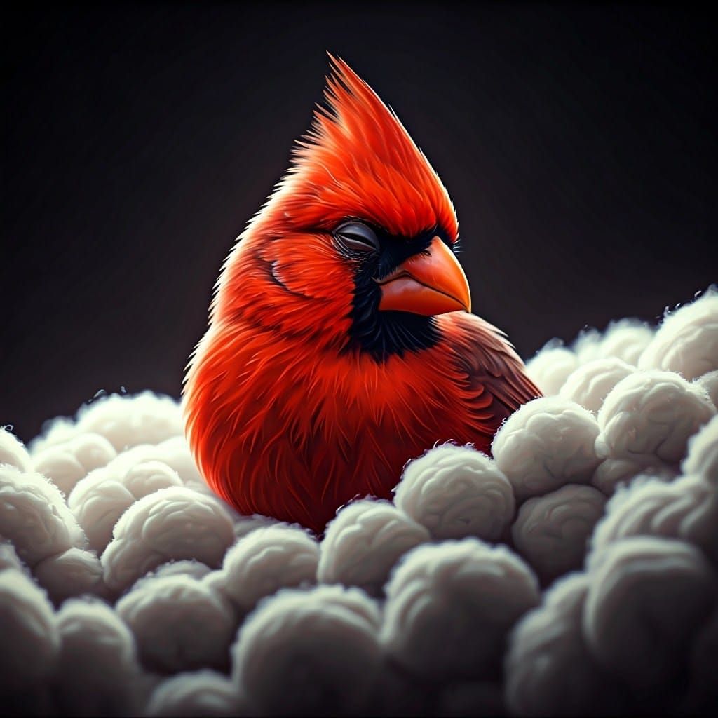 Scarred Cardinal Sleeping on Cotton Pile