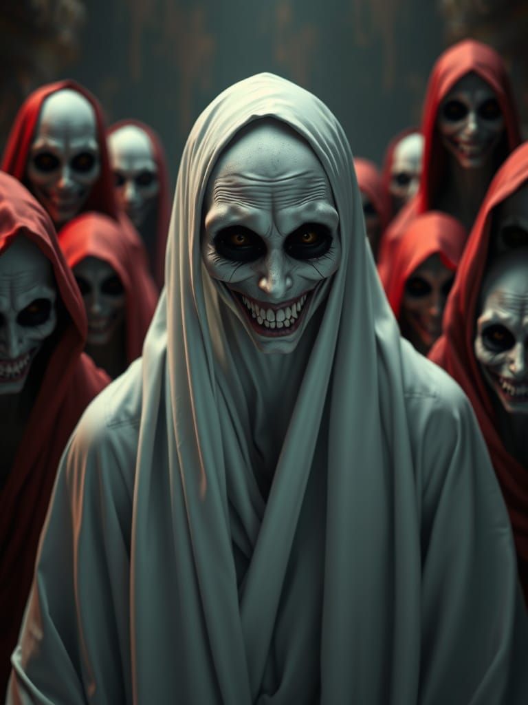 Gothic Horror Woman in White Robe Amidst Red-Robed Figures