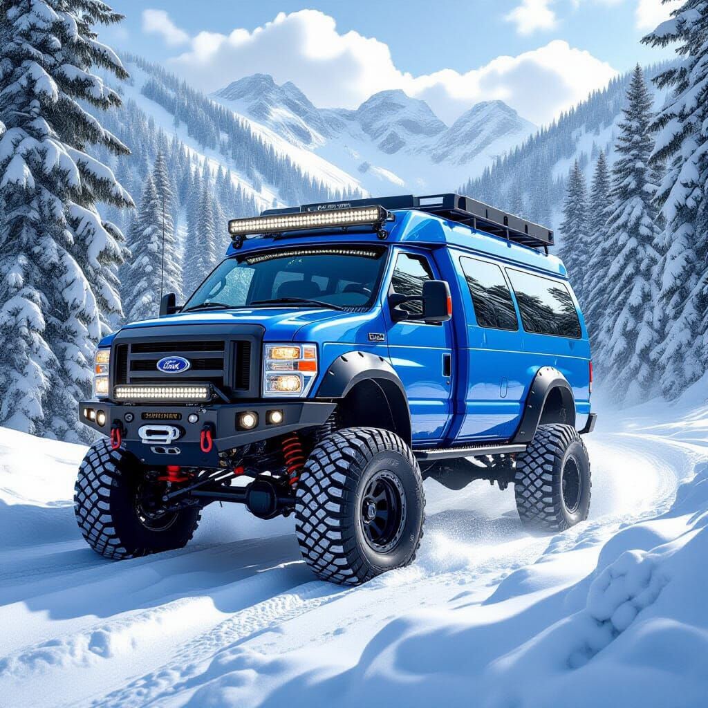 Blue 2025 Ford Van Modified for Extreme Off-Roading