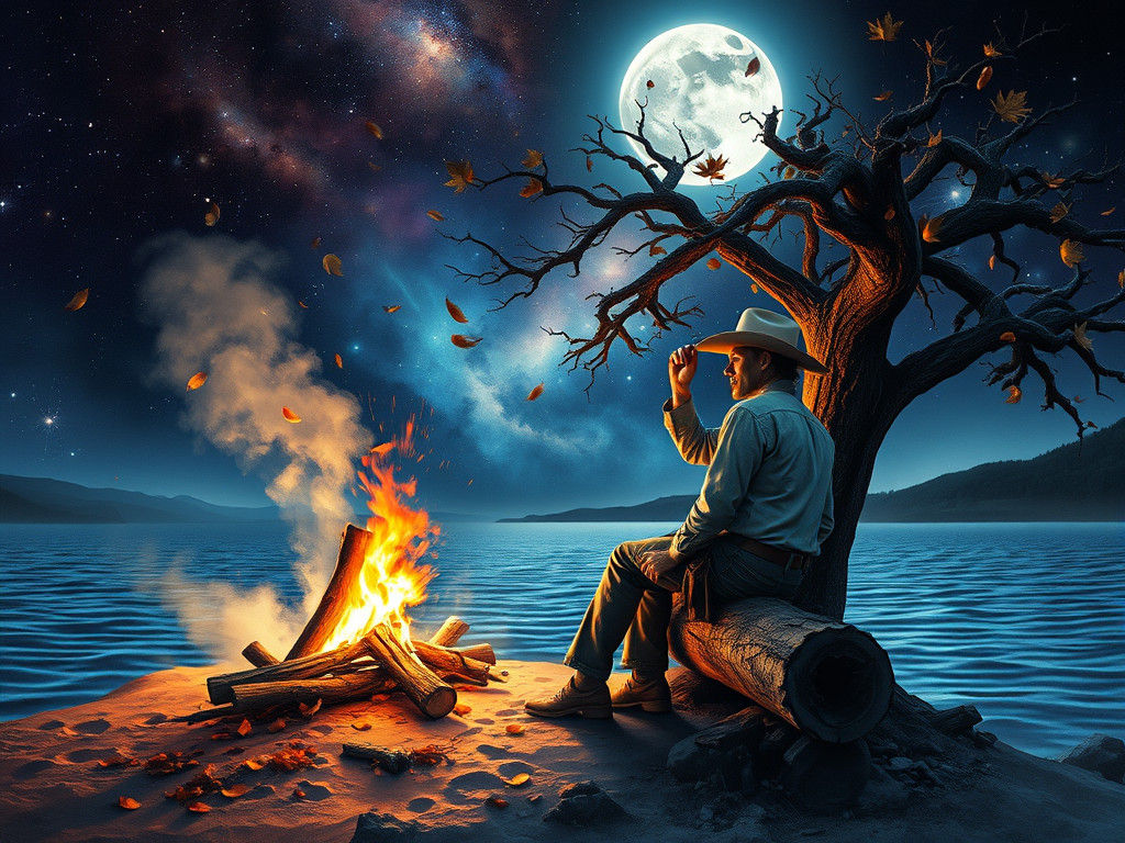 Cowboy Campfire: Watercolor Galaxy Under Windy Sky