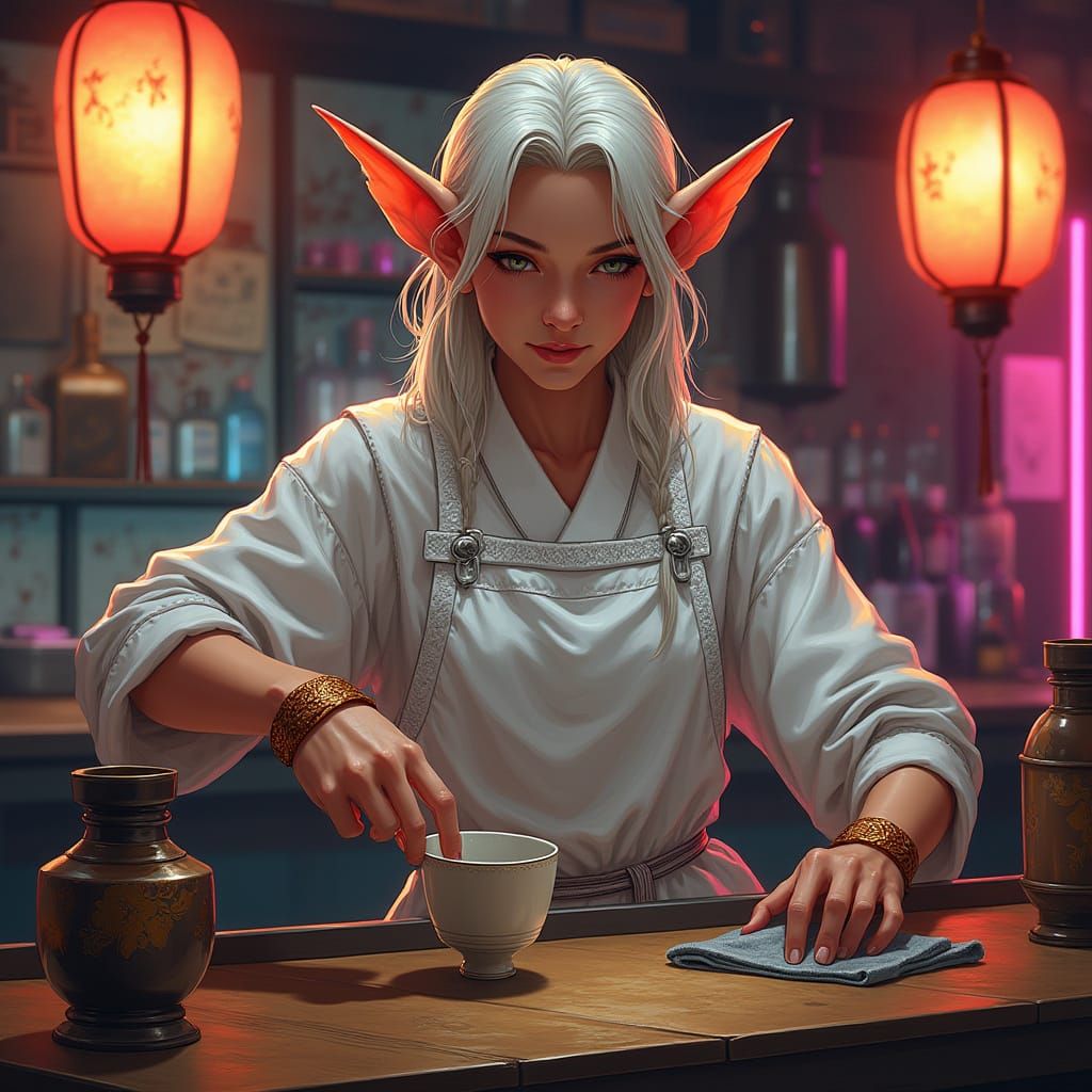 Elegant Elf Bartender in Cyberpunk Japanese Bar