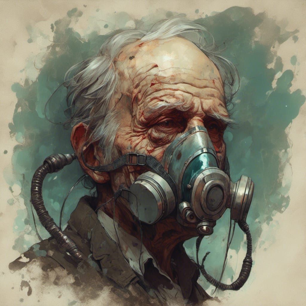 Ominous Elderly Man in Oxygen Mask, Hyperdetailed Portrait