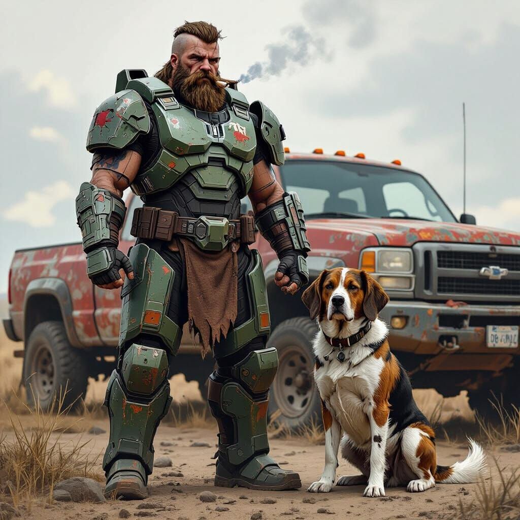 Spartan Warrior with Dog and Pickup Truck