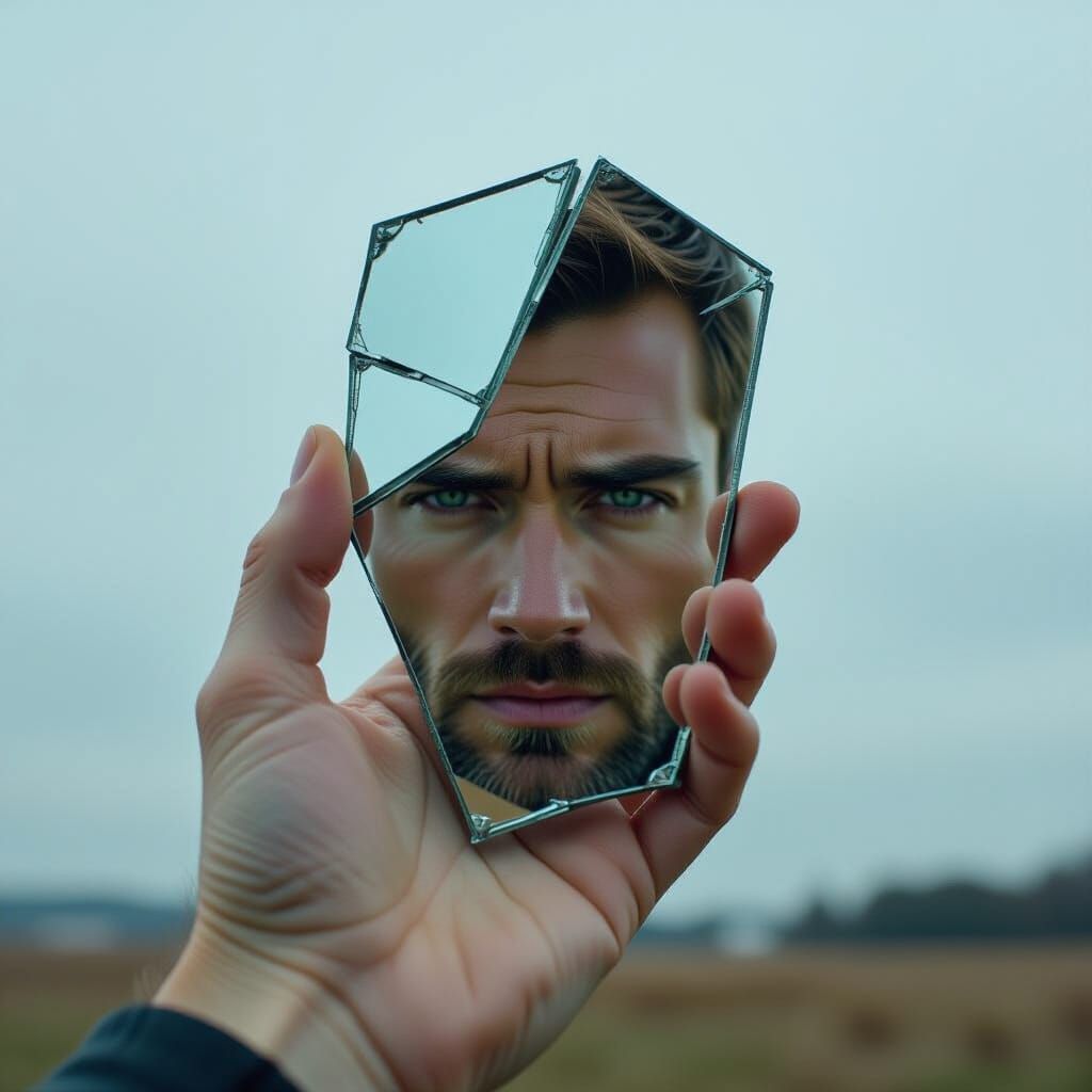 Man's Face Reflected in Broken Mirror Piece