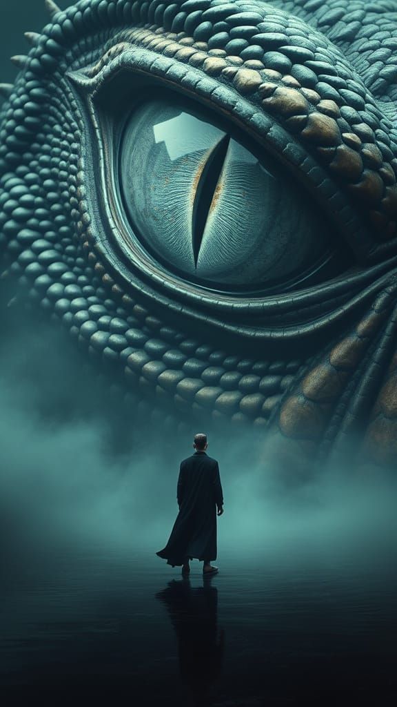 Surreal Scene of a Colossal Reptilian Eye and a Small Human ...