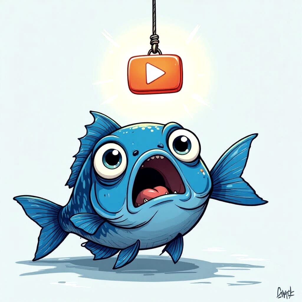 Blue Fish Craves the Play Button: Cartoon Art