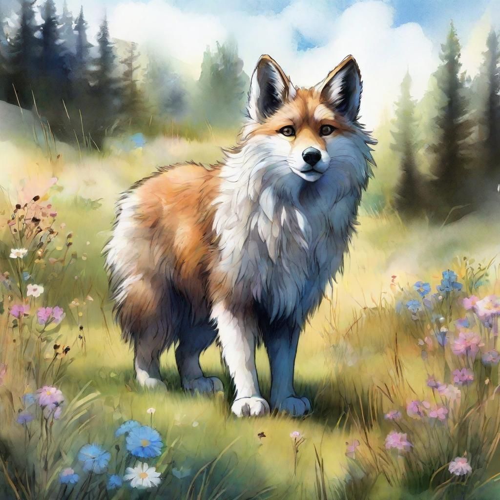 Furry Creature in Wildflower Meadow: Watercolor Digital Art