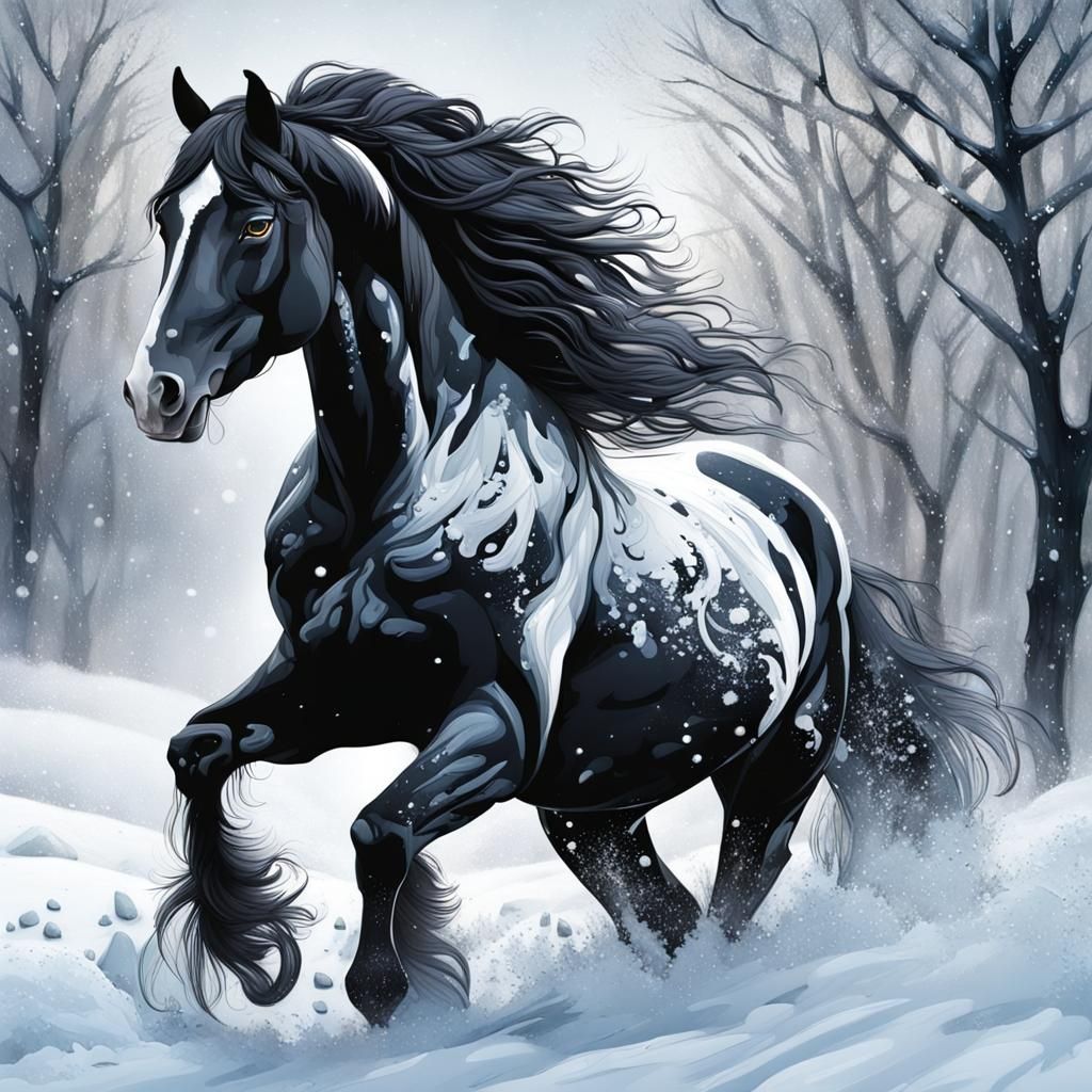 Friesian Horse in Winter Wonderland: Graffiti Art