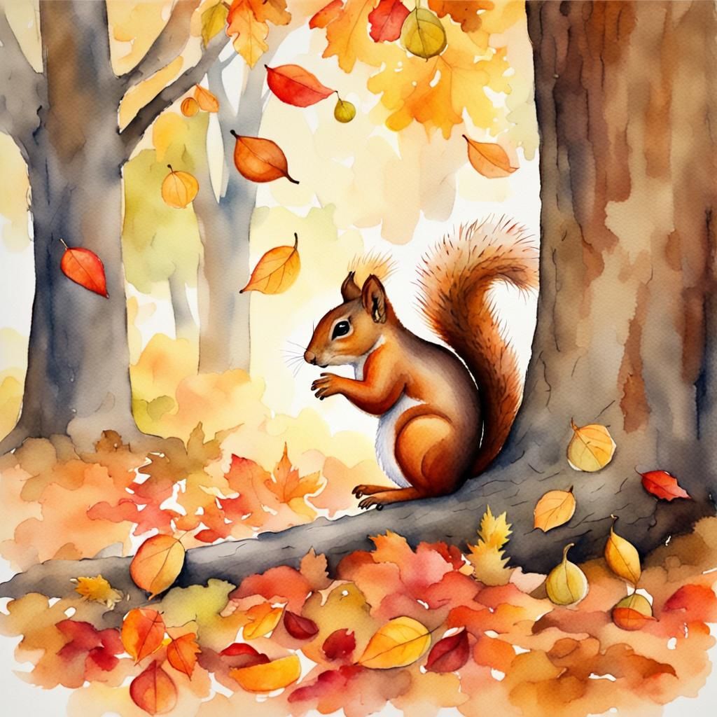 Squirrel Gathering Nuts in Watercolour Autumn Landscape