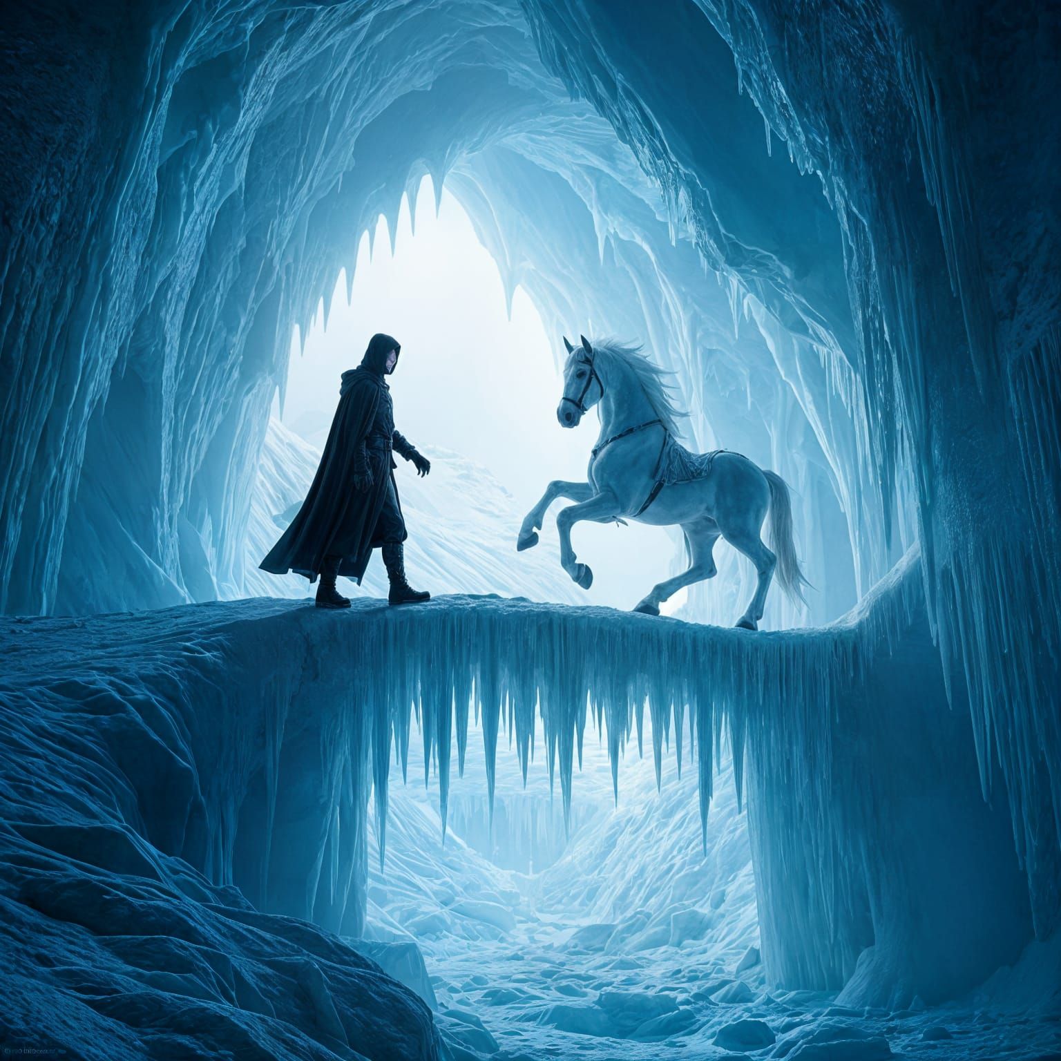 Majestic Ice Cave with Hooded Figures