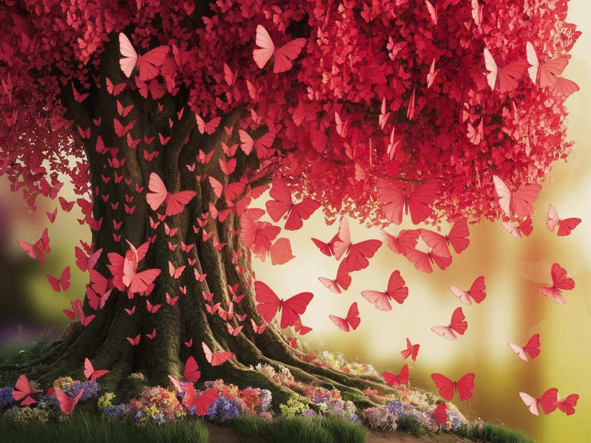 Enchanted Butterfly Tree in Vibrant Fantasy Landscapes