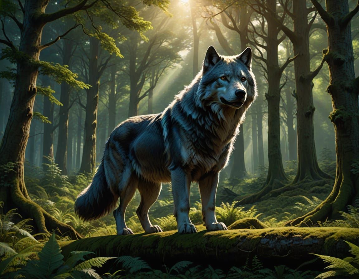 Direwolf Stands Proudly in Primeval Forest Glade