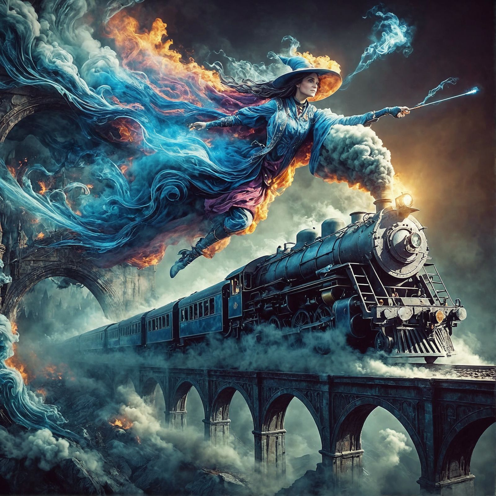 Magical Locomotive and Sorceress in Graffiti Art Style