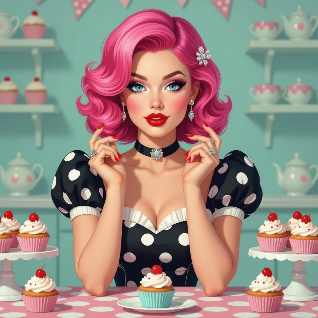 Polka Dot Pin-Up Girl in Retro Bakery, Digital Art
