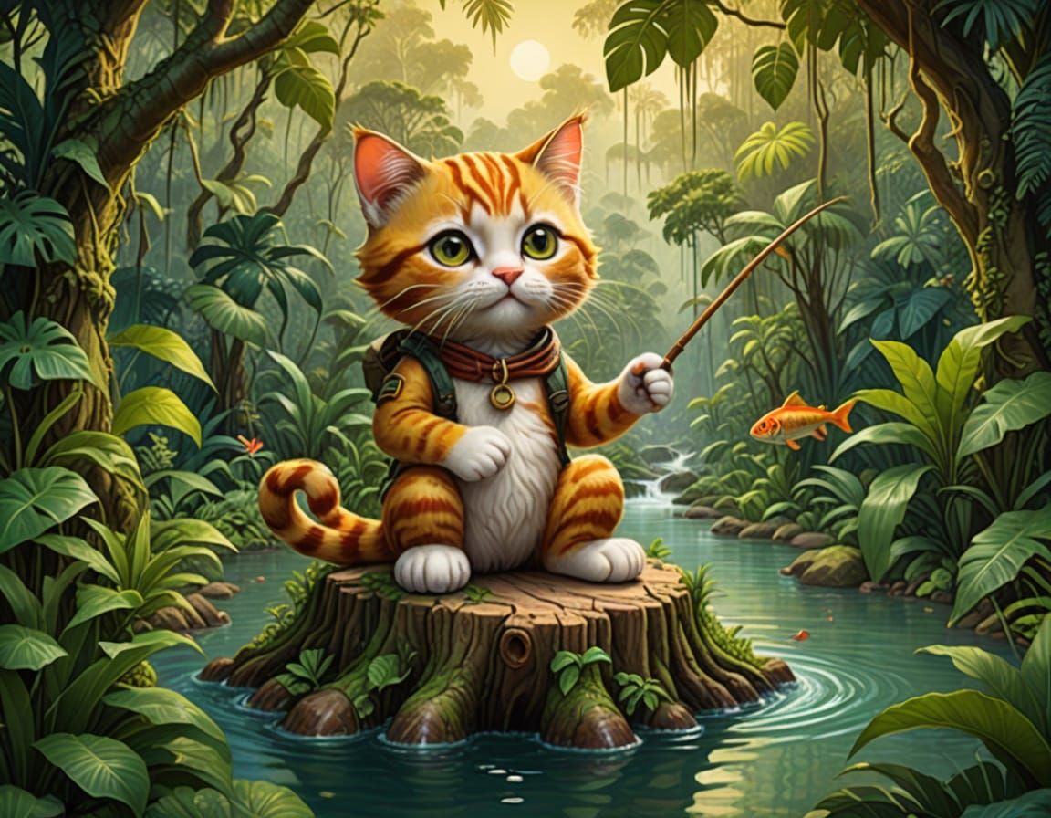 Surreal Cat Fisherman in Lush Jungle River