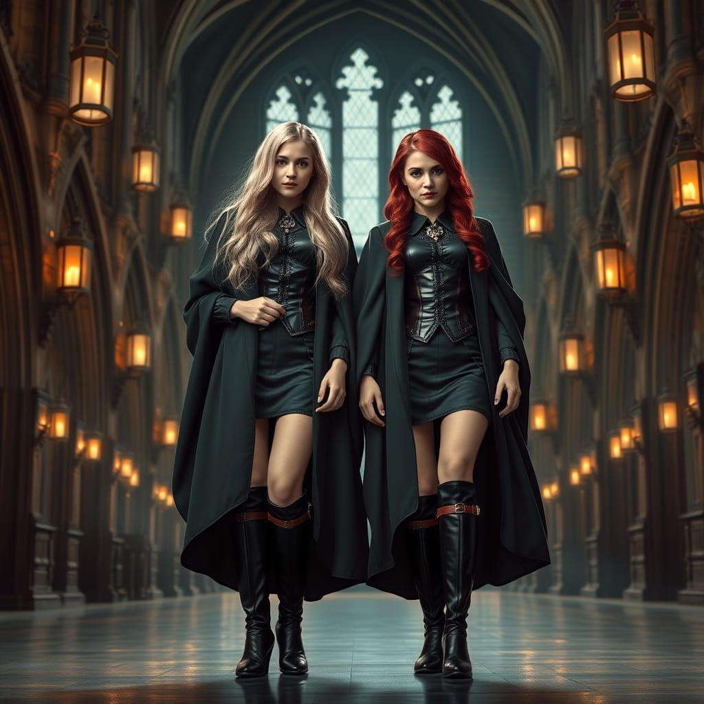 Elegant Twin Witches in Hogwarts Grand Hall