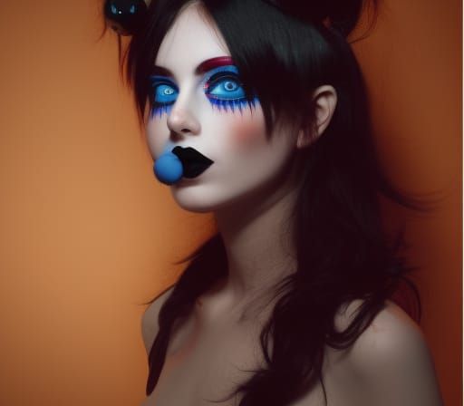 Girl with Black Hair, Lips and Red Spheres
