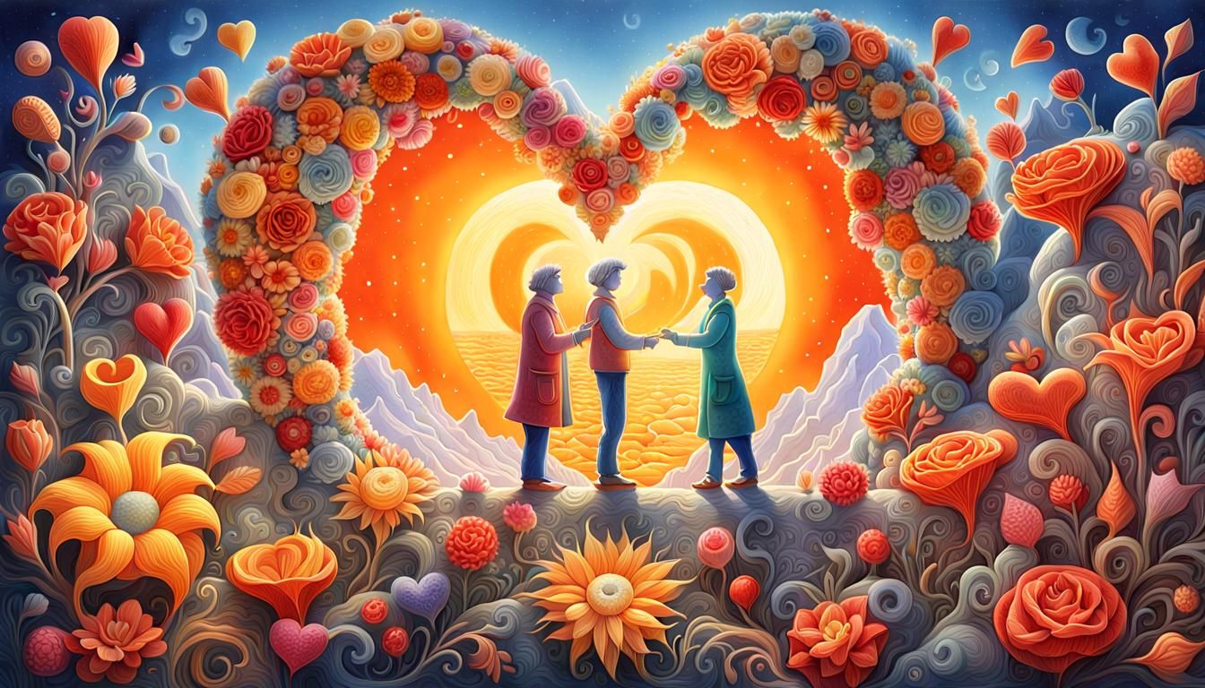 Characters Expressing Love in Surreal Sun and Moon Flower