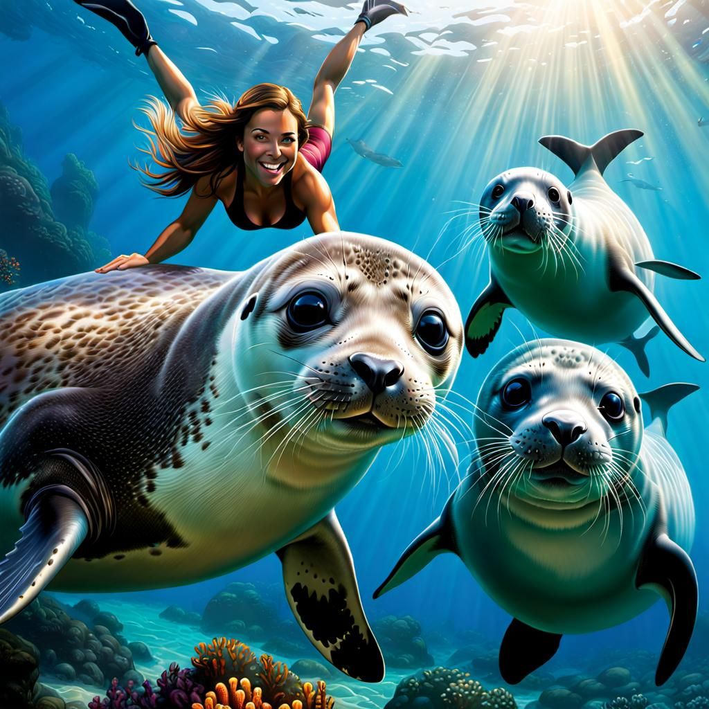 Playful Seals Photobombing Diver in Comic Art Style