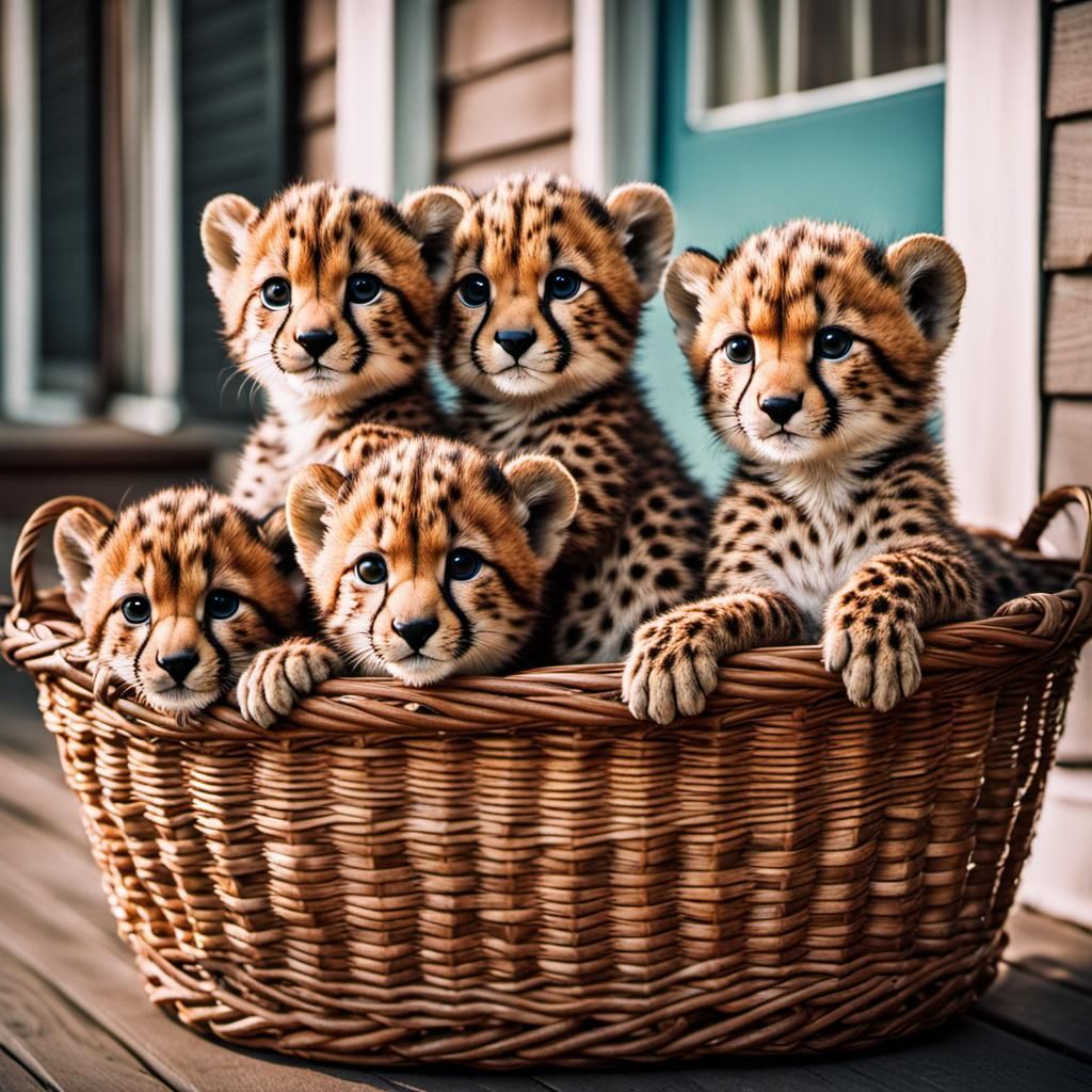 Cute Kawaii Cheetah Cubs in Hawthorne Basket