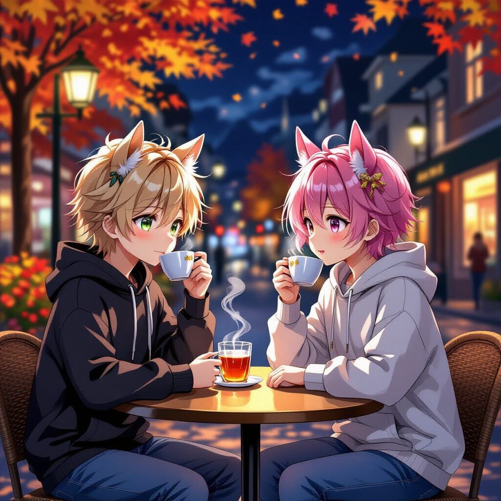 Anime Boys with Horse Ears at Night Cafe