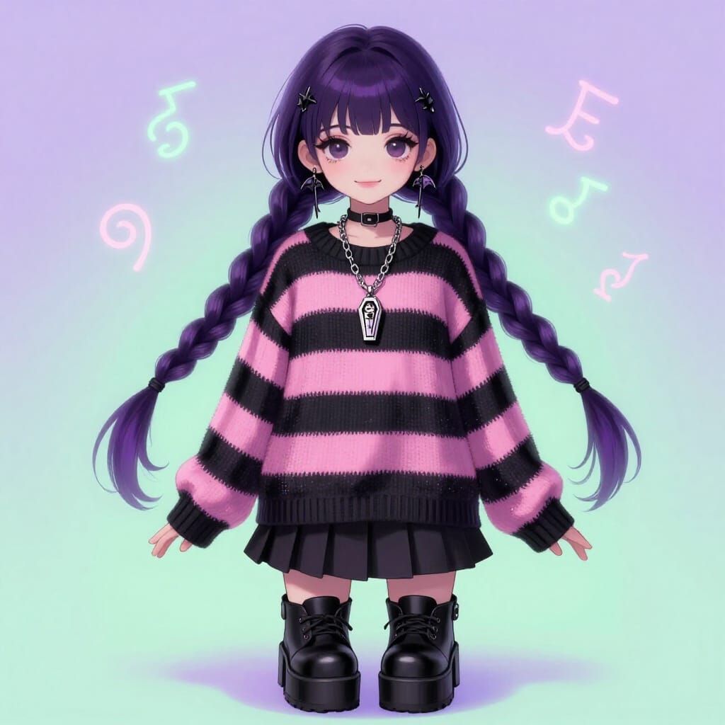 Pastel Goth Girl with Twin Braids and Bat Wings