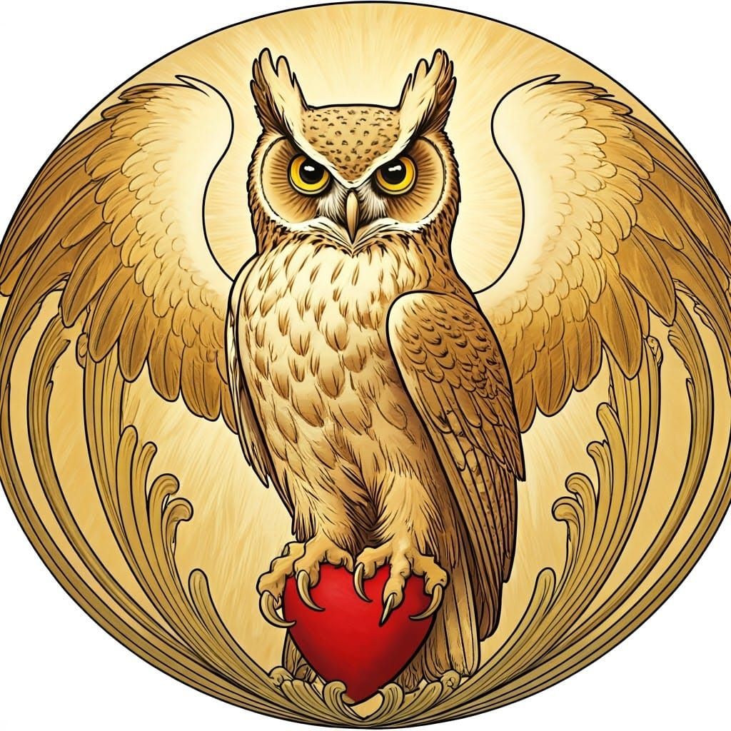 Great Horned Owl Heraldic Crest in Art Nouveau Style