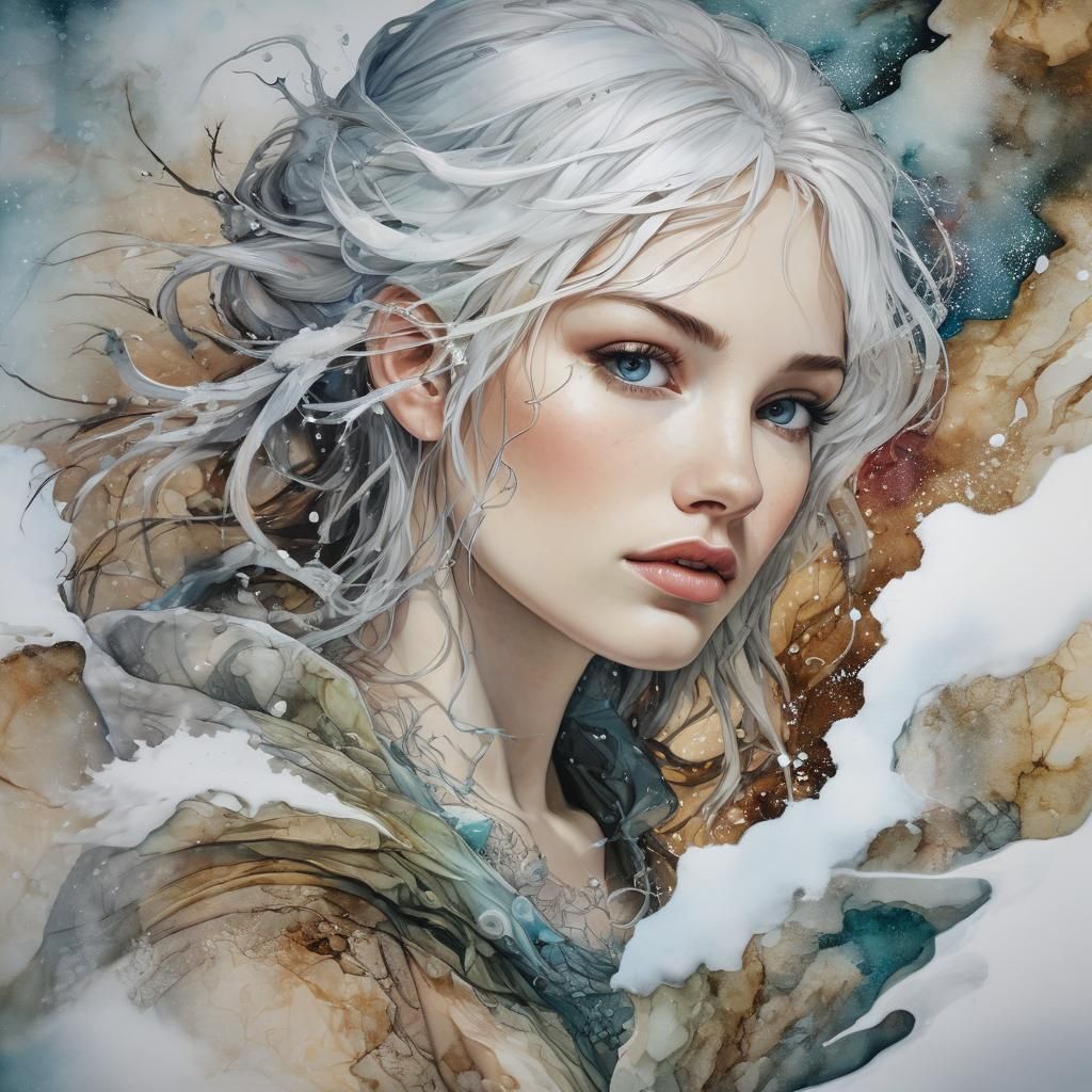 Fantasy Portrait from Above in Alcohol Ink Style