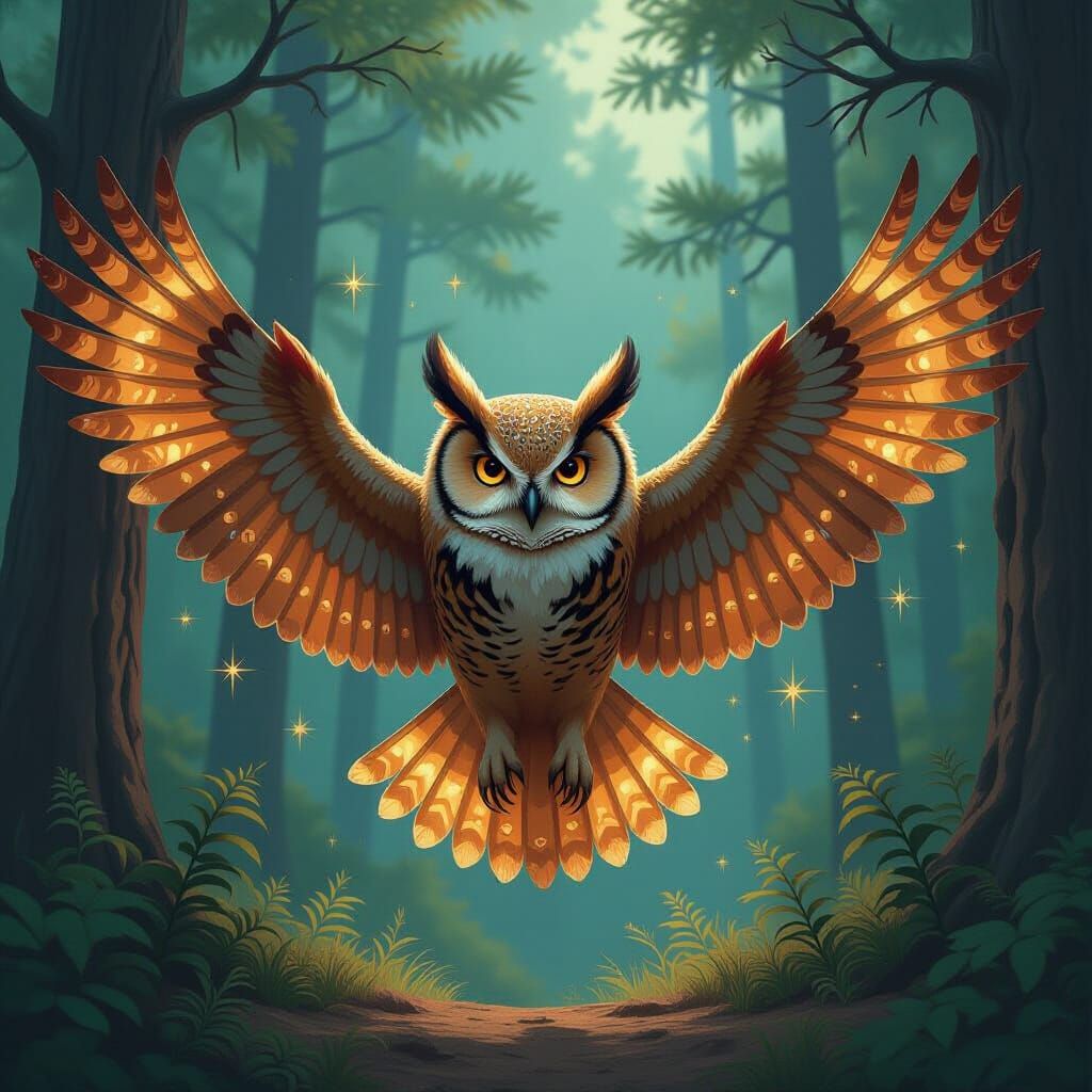 Majestic Wooden Owl in Mystical Forest
