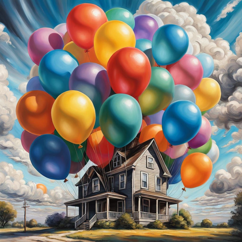 House Carried by Balloons in Impressionistic Charcoal Drawin...