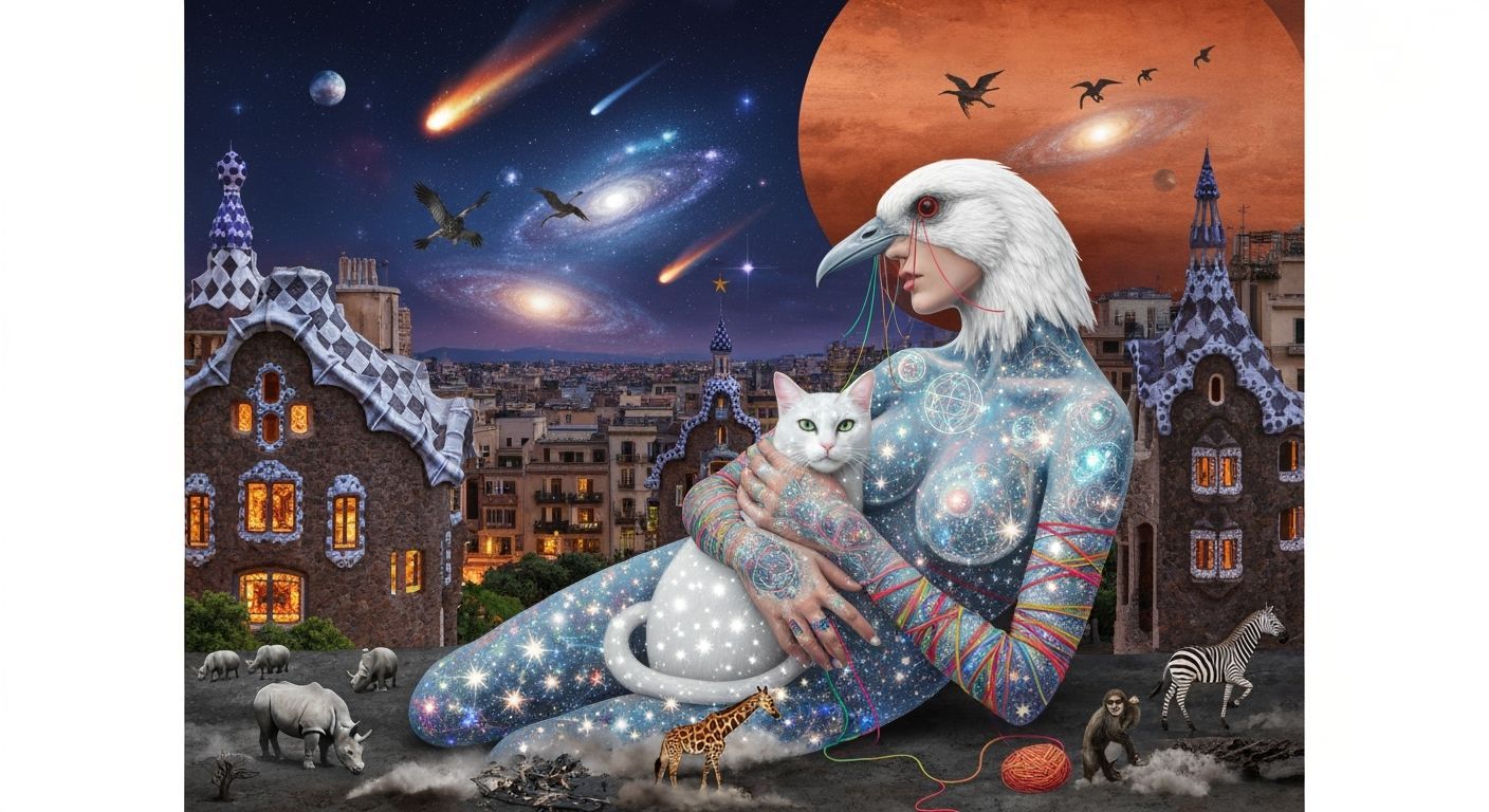 Ethereal Bird-Headed Woman in Gaudí's Dreamscape