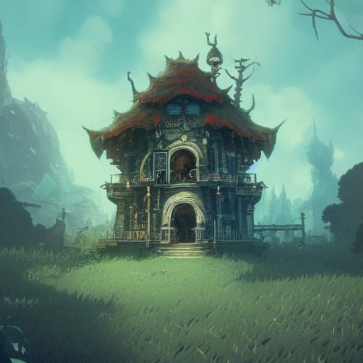 Surreal Skull House Concept Art in Studio Ghibli Style