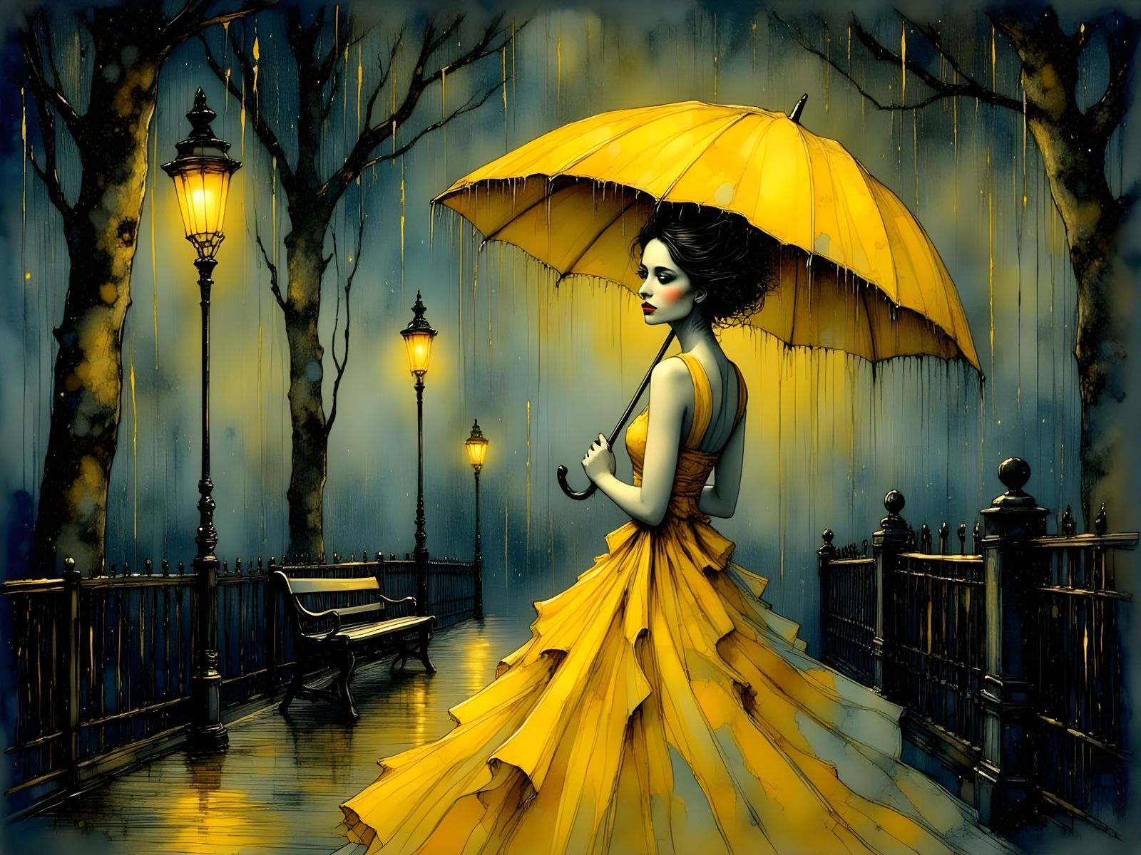 Elegant Woman in Yellow at Night in Central Park