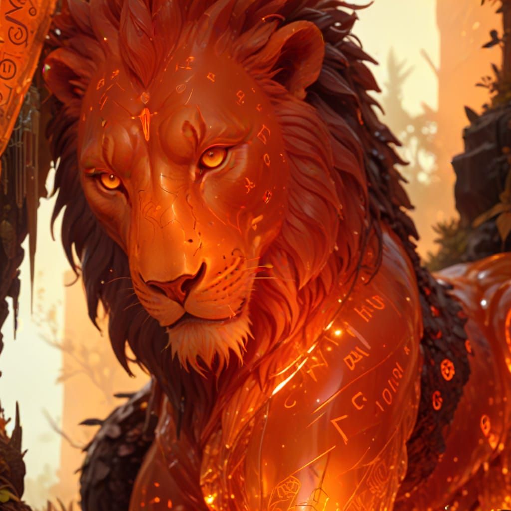 Amber Lion God Statue in Jungle, Greg Rutkowski Style