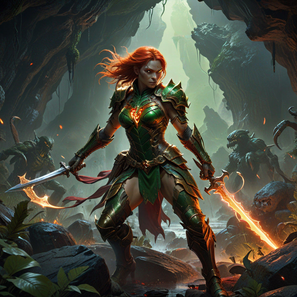 Scarlet Goddess Battles Fiery Spiders in Dark Cave