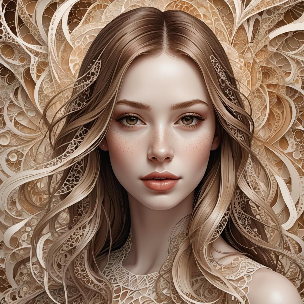 Smiling Freckled Girl Portrait with Abstract Fractal Element...