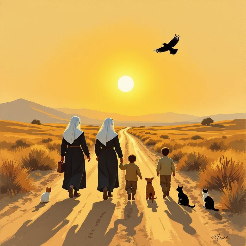 Nuns Walking at Sunrise in Rustic Style