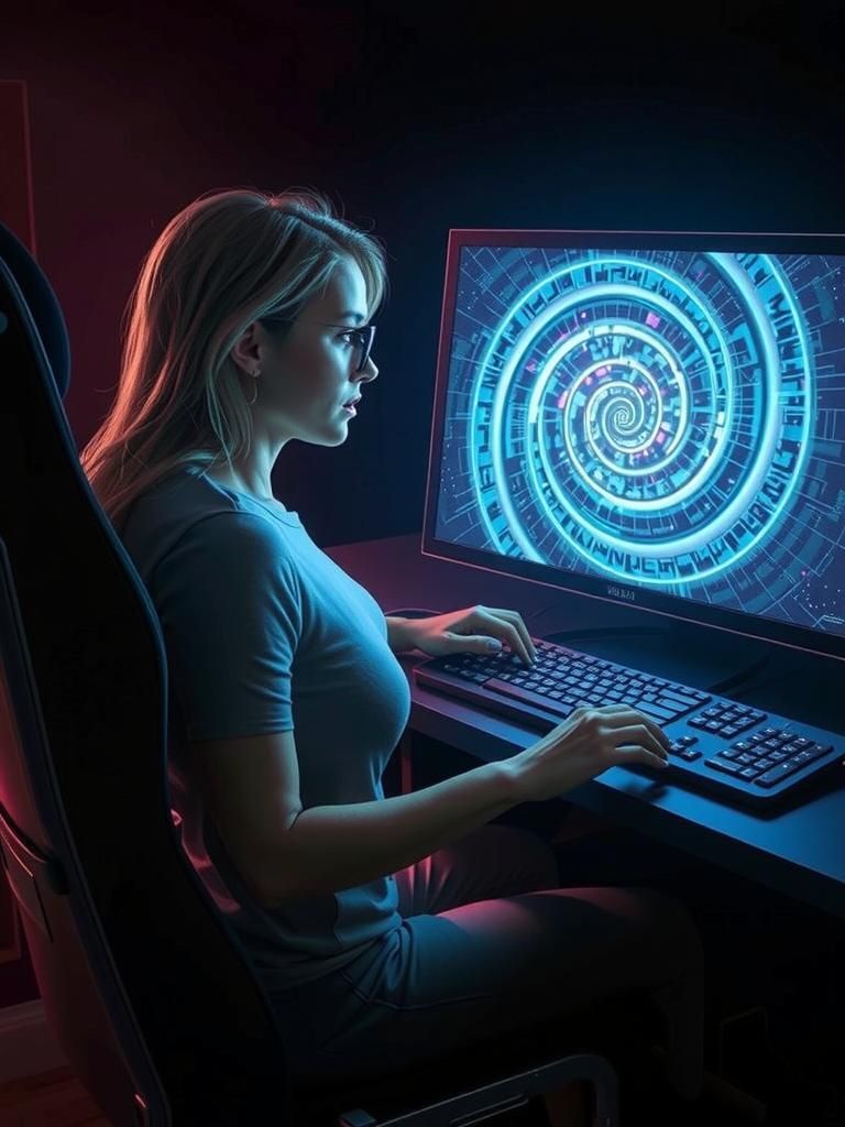 Woman Mesmerized by Hypno Spiral in Dreamlike Digital Art