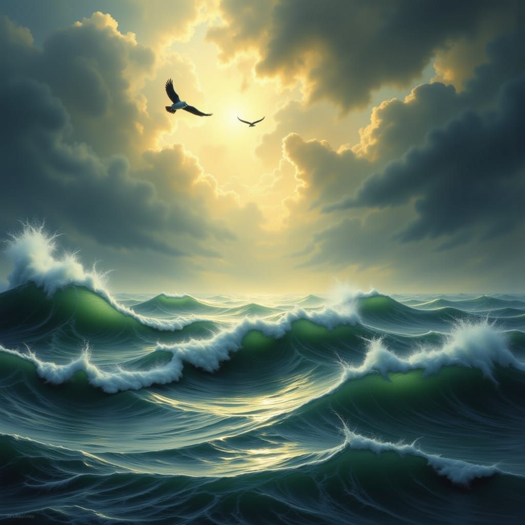 Seagull Soaring Above Stormy Seas: Matte Painting