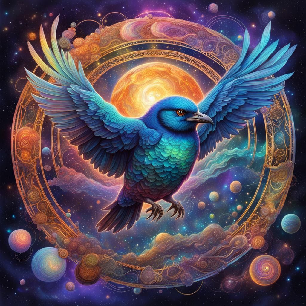 Astral Bird Holographic Illustration in Mixed Media