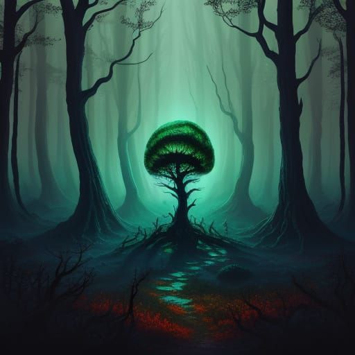 Alien in Dark Forest: Surrealist Oil Painting