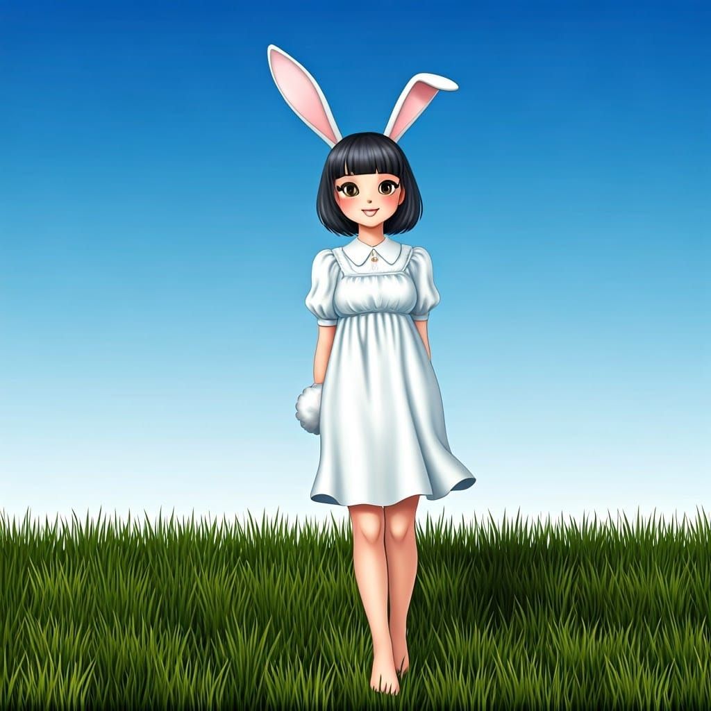 Adorable Rabbit Girl Smiling on Sunny Grass
