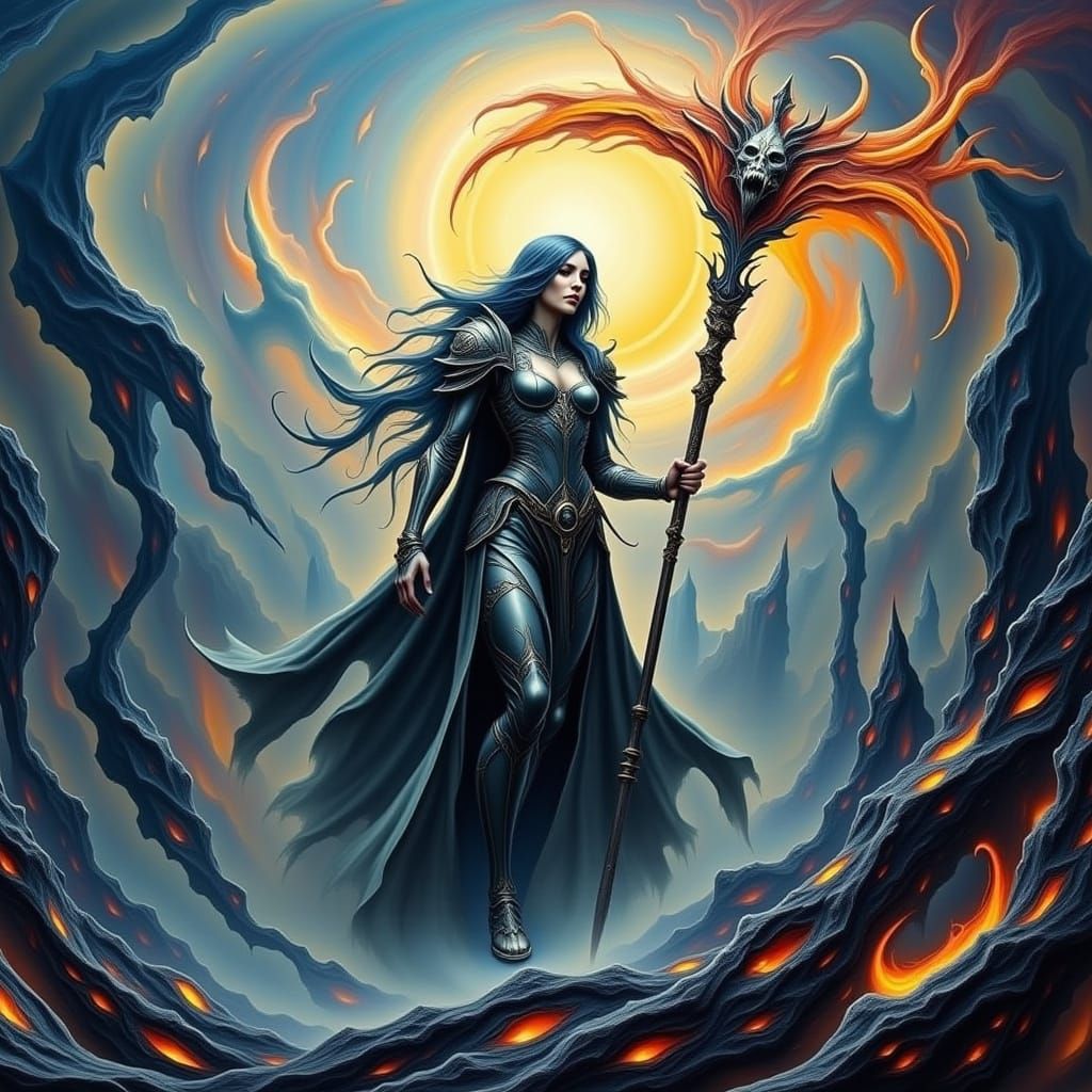 Ethereal Warrior Queen in Cyberpunk Dreamscape