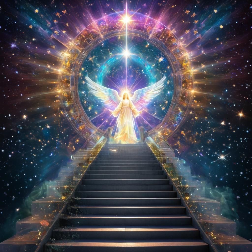 Heavenly Angel on Light Stairway: Fractal Watercolor