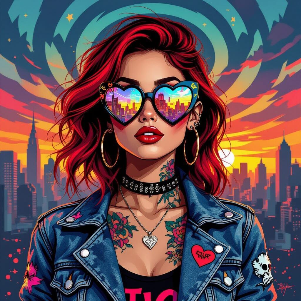 Pop Art Woman with Fiery Hair and Neon Tattoos