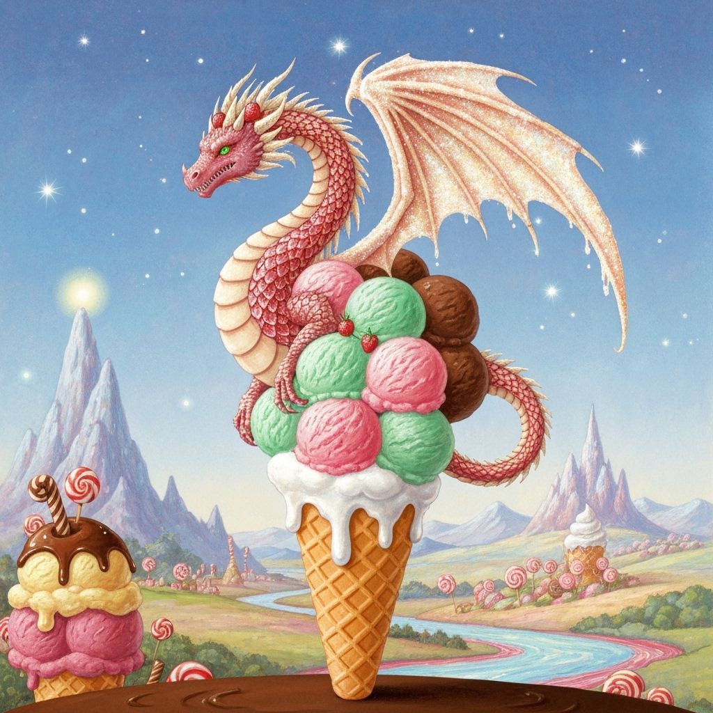 Whimsical Ice Cream Dragon in Candy Landscape