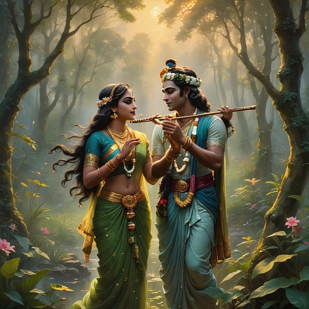 Radha Krishna in Forest, Kinkade Style