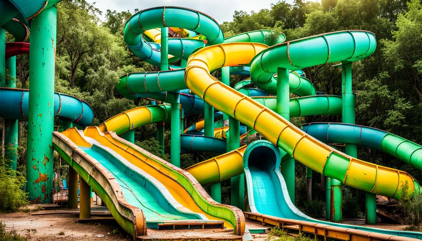 long abandoned waterpark with broken waterslides