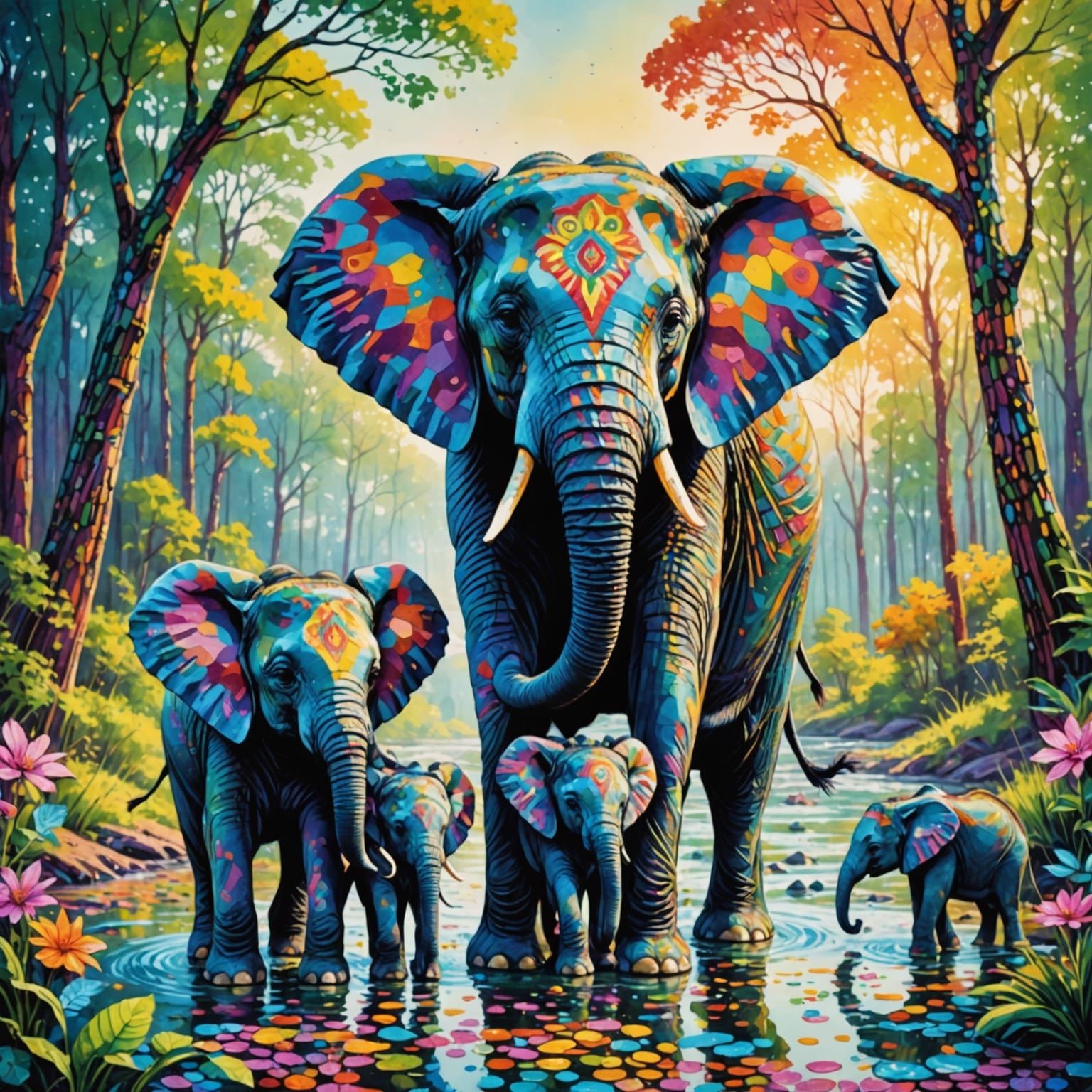 Vibrant Pointillist Elephants in Sunshine Wonderland