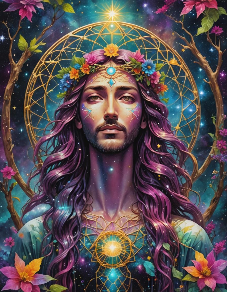 Ethereal Rainbow DNA Strand with Cosmic Watercolor Splash